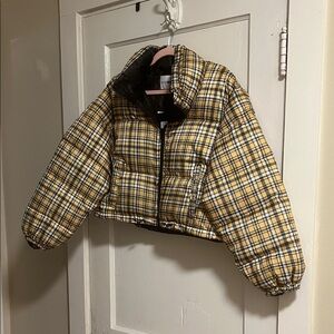 Fashion Nova Yellow and Blue Plaid Cropped Puffer Jacket